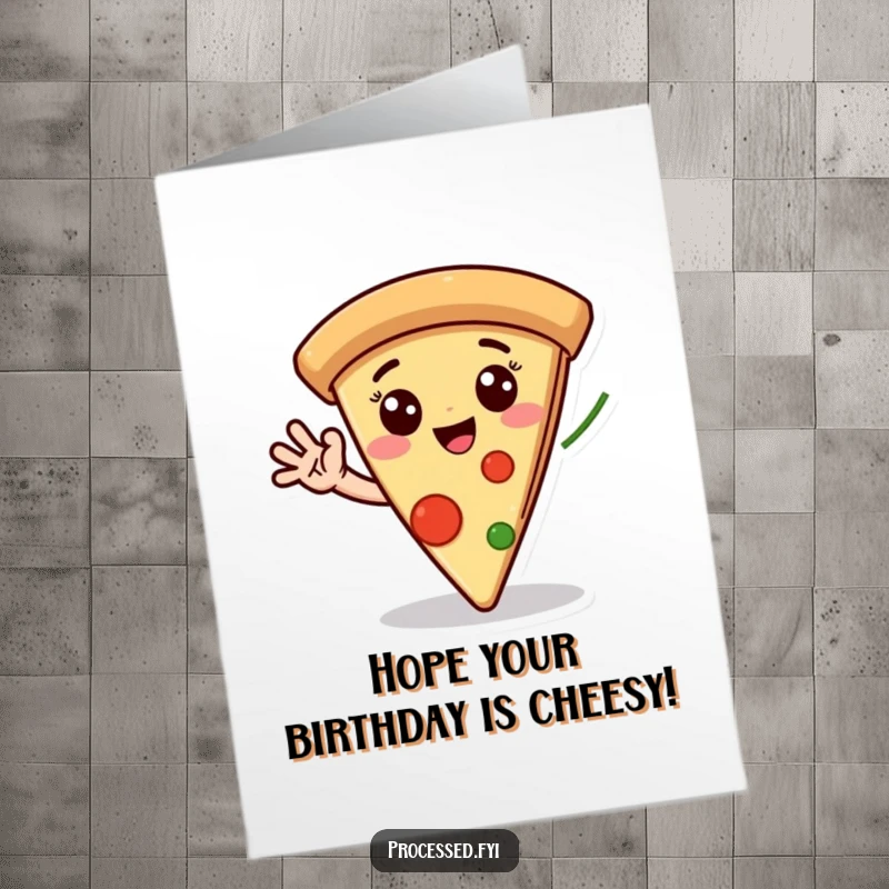 Funny Free Printable Birthday Card featuring a cheerful pizza slice character with googly eyes waving a pepperoni hand.
