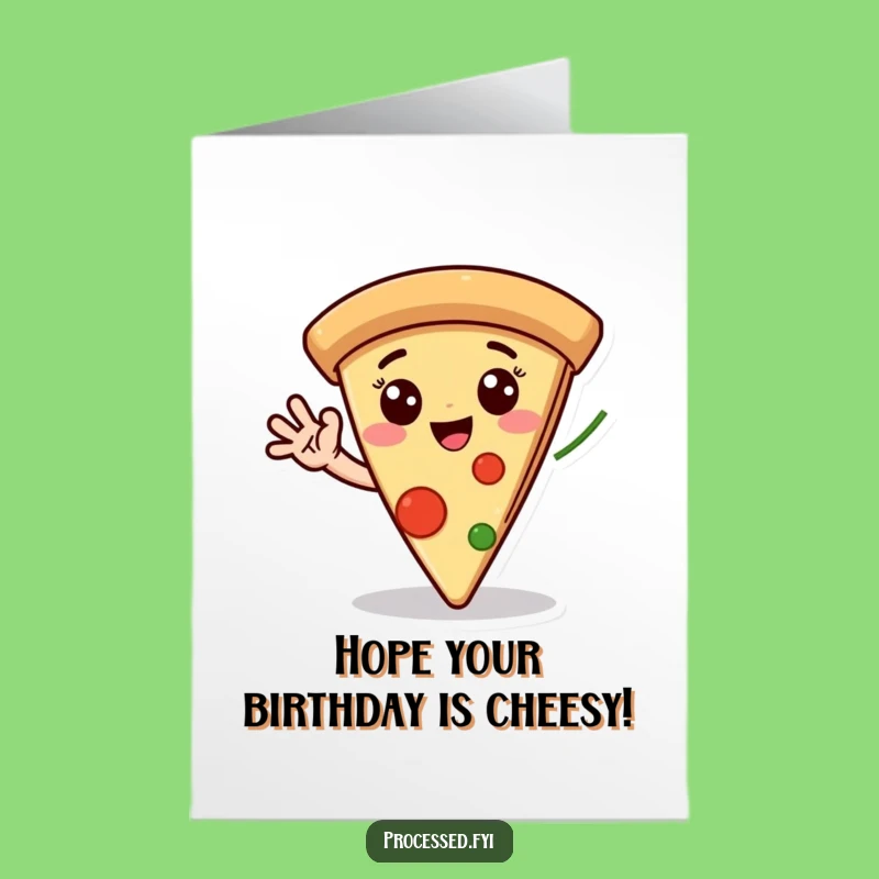 Free Printable Birthday Card: Funny Pizza Character Waving Hello, Perfect Downloadable Gift
