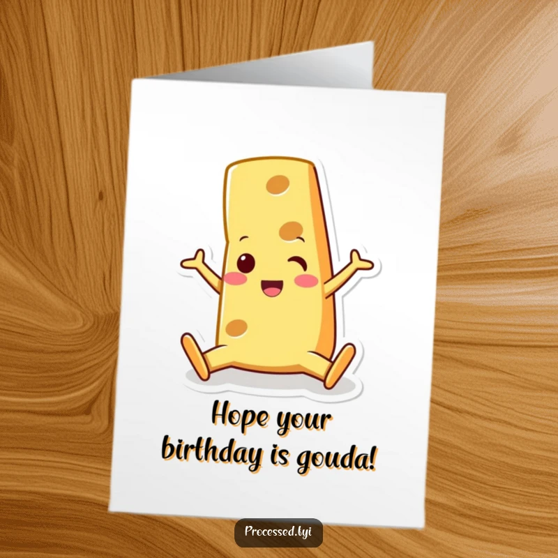 Funny Free Printable Birthday Card: A happy cheese wedge character doing a surprised split, celebrating a birthday.