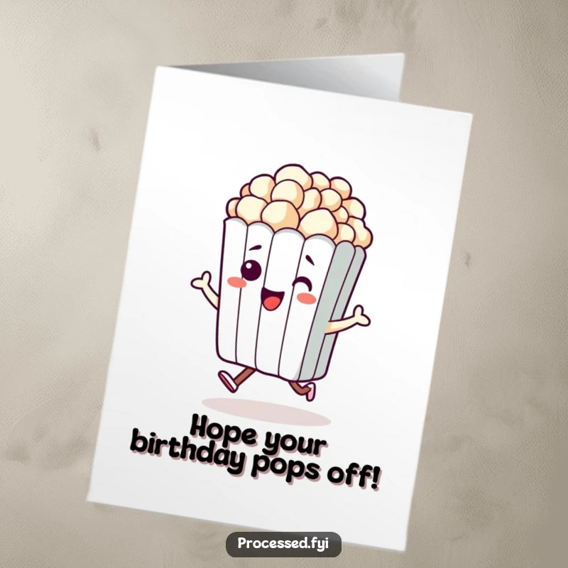 Funny free printable birthday card of a beaming popcorn bag doing a happy hop, radiating pure birthday excitement.