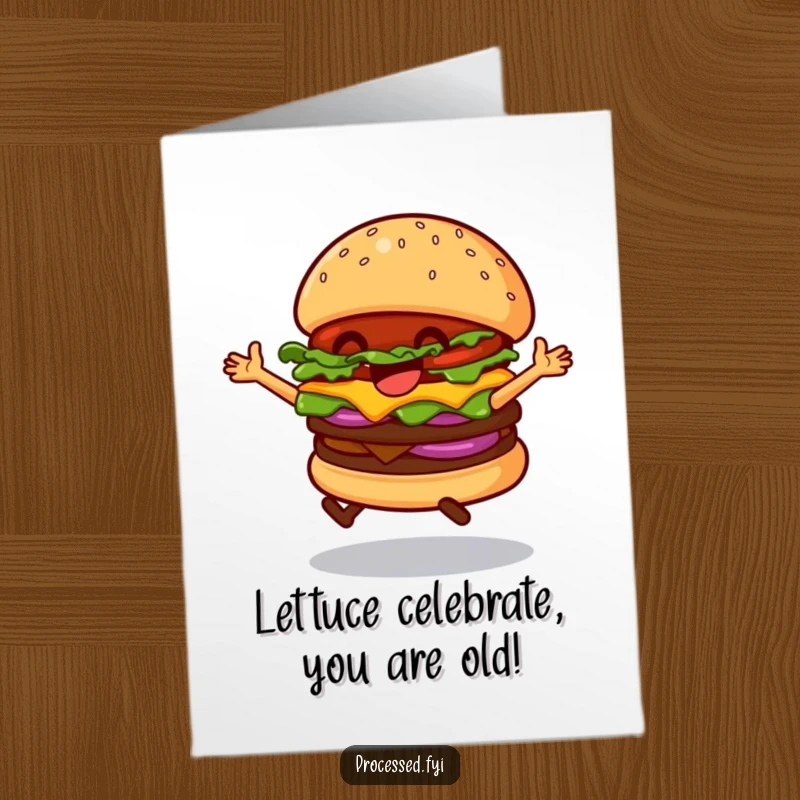 Funny Free Printable dancing hamburger with a big smile, bouncing on its bun for a birthday.