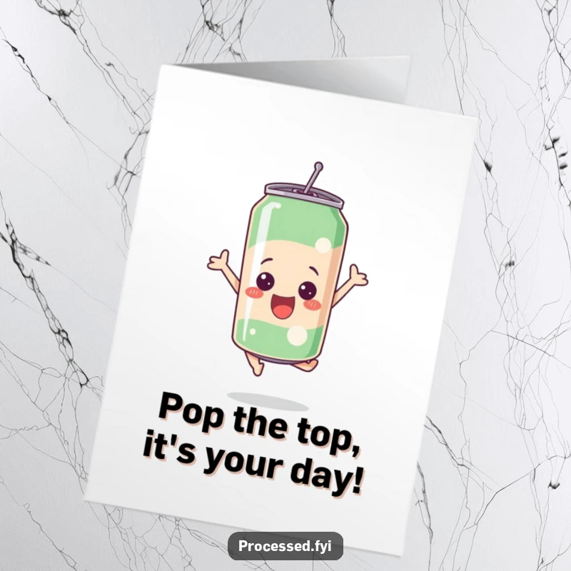 Funny Free Printable Birthday Card: A bubbly soda can leaps with pure excitement, ready to party and celebrate.