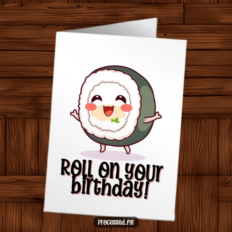 Funny Free Printable Birthday Card: A happy sushi roll with tiny feet bouncing with pure joy.