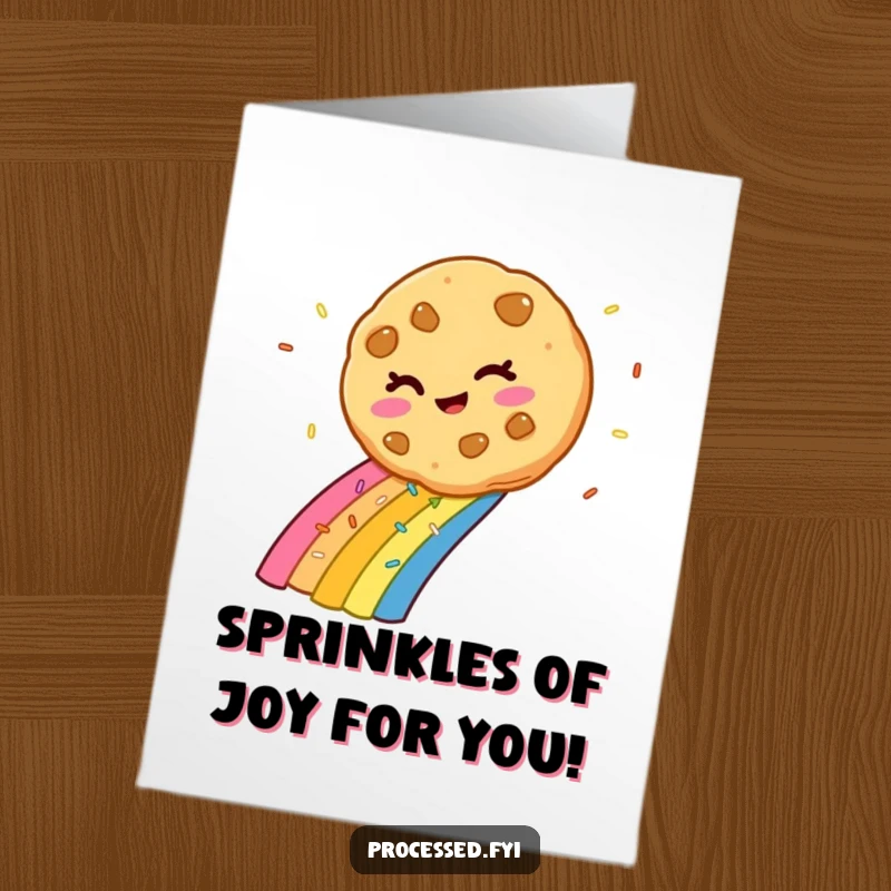 Funny Free Printable Birthday Card: Winking cookie slides down a vibrant rainbow of sprinkles, spreading joy and cheesy grins.
