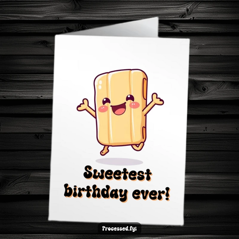 Funny Free Printable Birthday Card: A wiggling candy bar in its wrapper, jumping with pure delight, celebrating a birthday sweetly.
