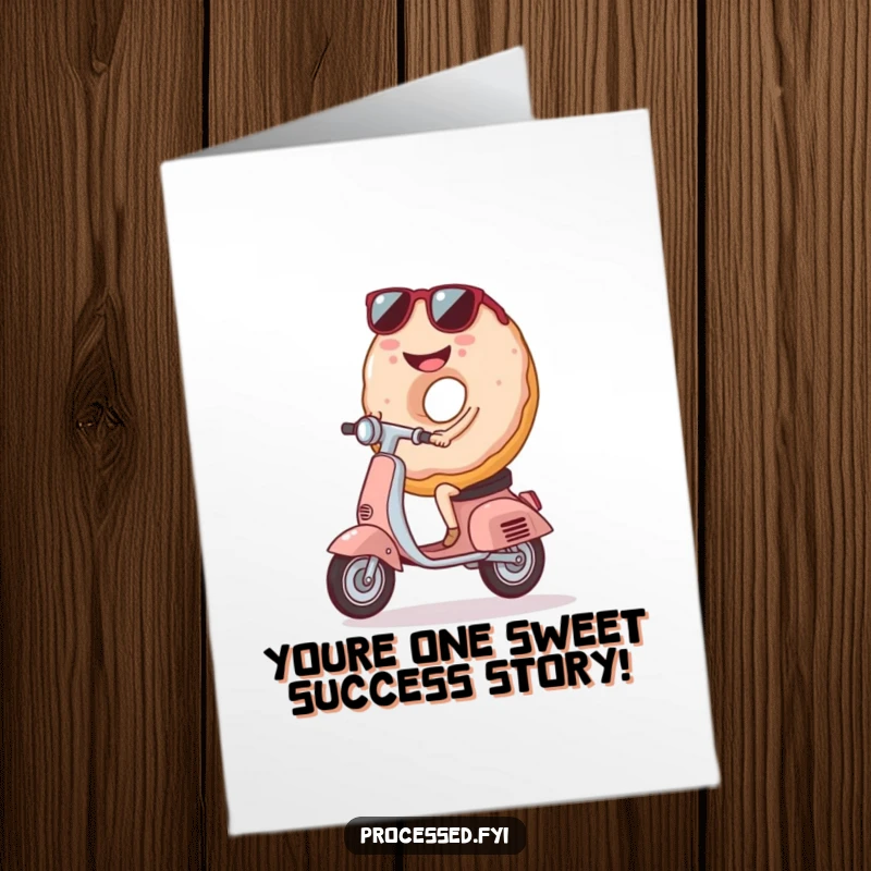 Funny Free Printable donut with sunglasses riding a scooter, a cool way to say congratulations.
