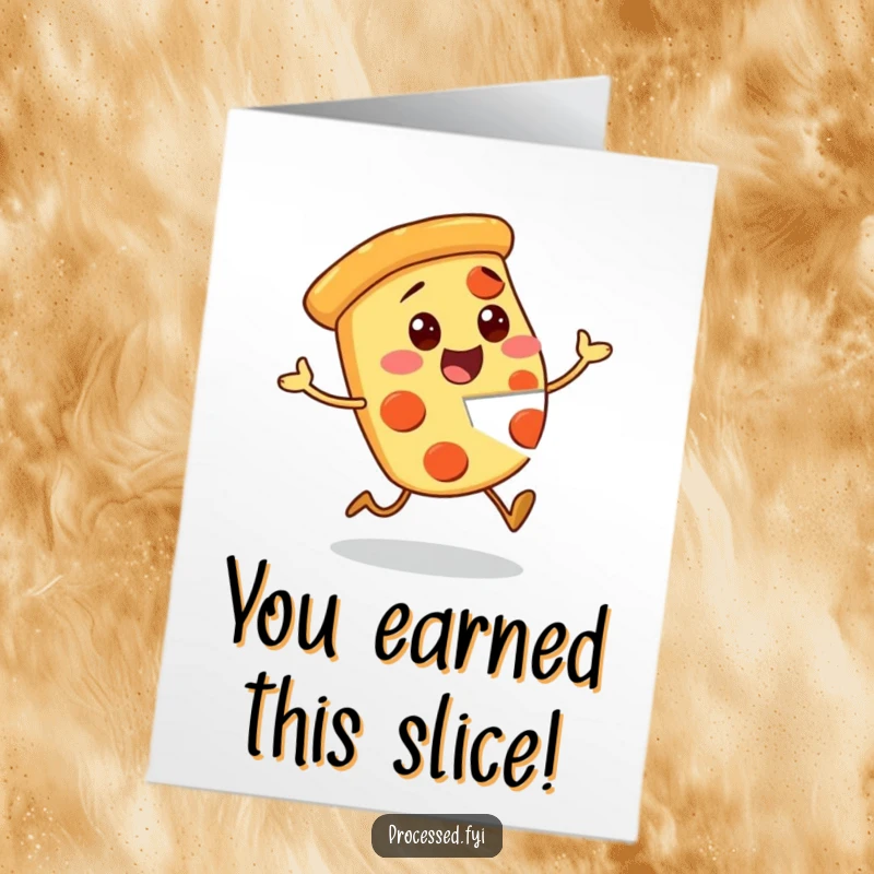 Funny Free Printable Congratulations Card: Hopping pizza slice character with a missing piece, celebrating success!