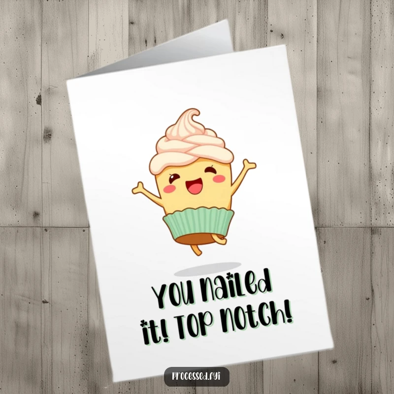 Free Printable Congratulations Card: A happy cupcake with frosting, doing a joyful cartwheel, celebrating a wonderful achievement.