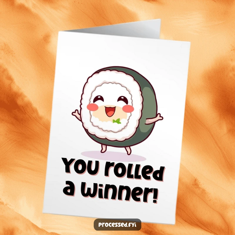 Funny Free Printable Congrats Card: A joyful sushi roll with small feet doing a happy bounce.
