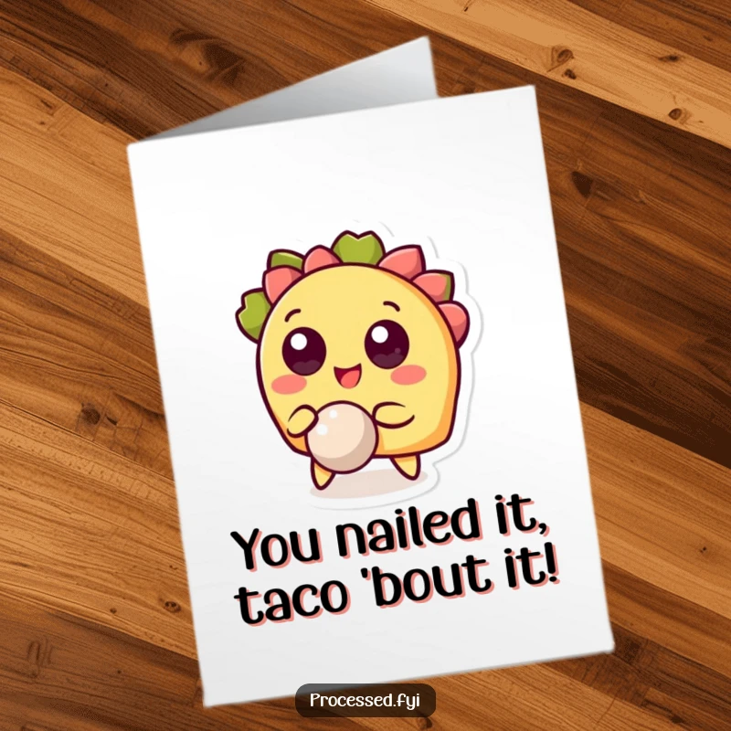 Funny Free Printable Congratulations Card: A cheerful taco character with wide eyes bouncing a tiny ball, celebrating a win.