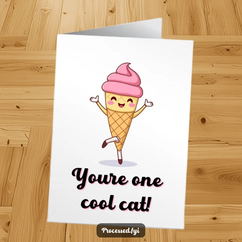 Funny free printable congratulations card featuring a happy ice cream cone doing a ballet pirouette, celebrating sweet achievements.