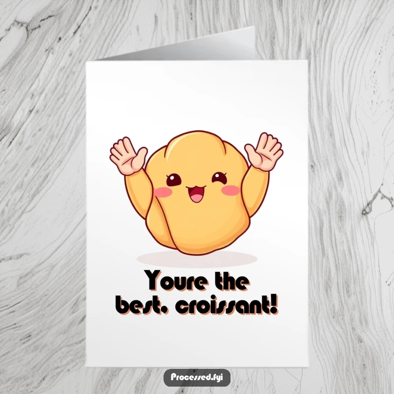 Funny Free Printable Congratulations Card showing a happy croissant with arms raised, waving in celebration.
