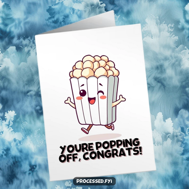 Funny free printable congratulations card showing a beaming popcorn bag joyfully hopping, celebrating success.