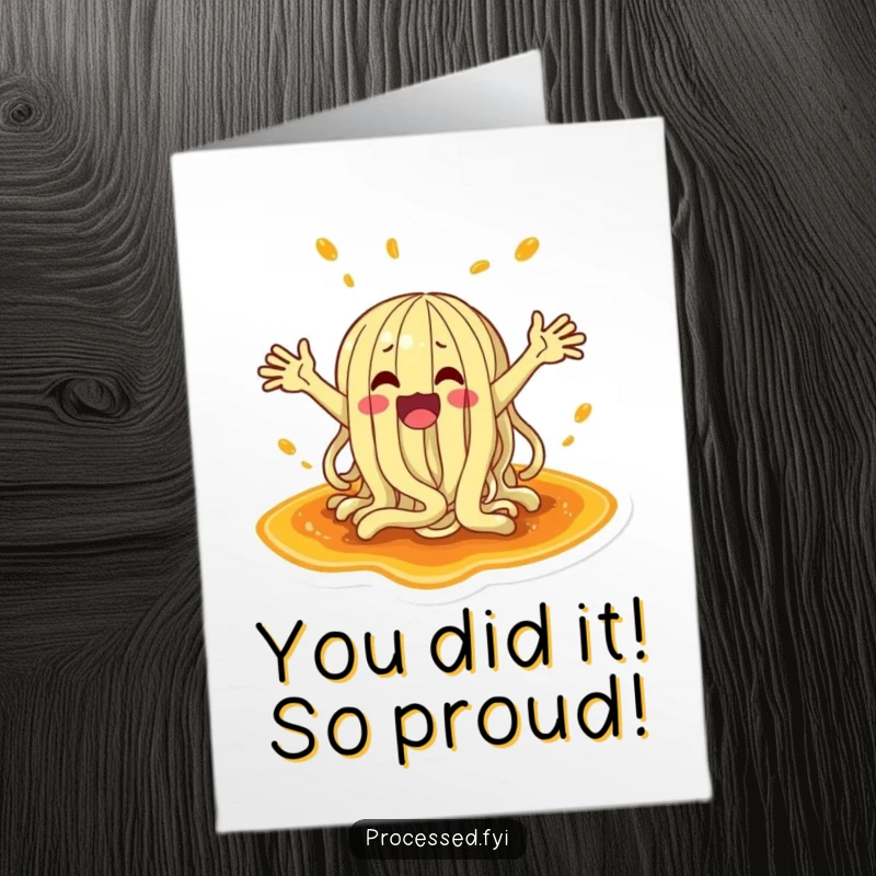 Funny free printable congratulations card showing a wacky noodle celebrating success in a sauce puddle.