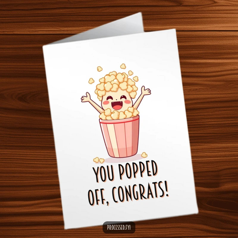 Funny Free Printable Congratulations Card: A happy popcorn bag jumping for joy out of its box to celebrate success.
