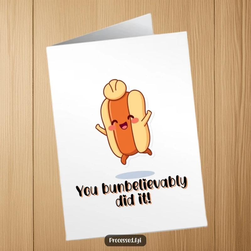 Funny free printable congratulations card of a hot dog with tiny legs doing a happy leap, bun balanced on head.