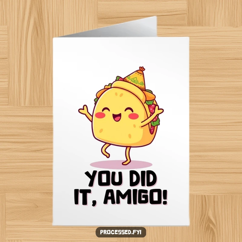 Funny Free Printable Congrats Card: Smiling Taco with Legs doing a Fiesta Jig, Perfect for Celebrations