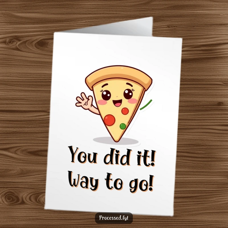 Free Printable Congratulations Card showcasing a happy pizza slice character with eyes, enthusiastically waving a pepperoni hand.