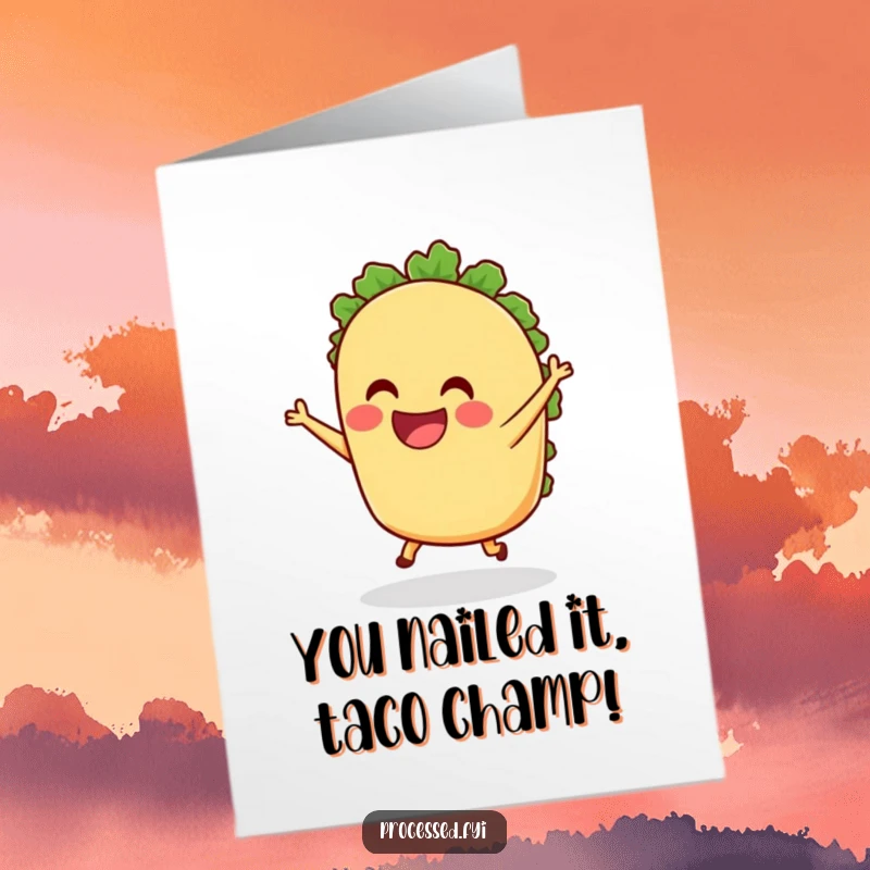 Funny Free Printable Congratulations Card with a dancing anthropomorphic taco, celebrating a delicious victory with tiny legs in motion.