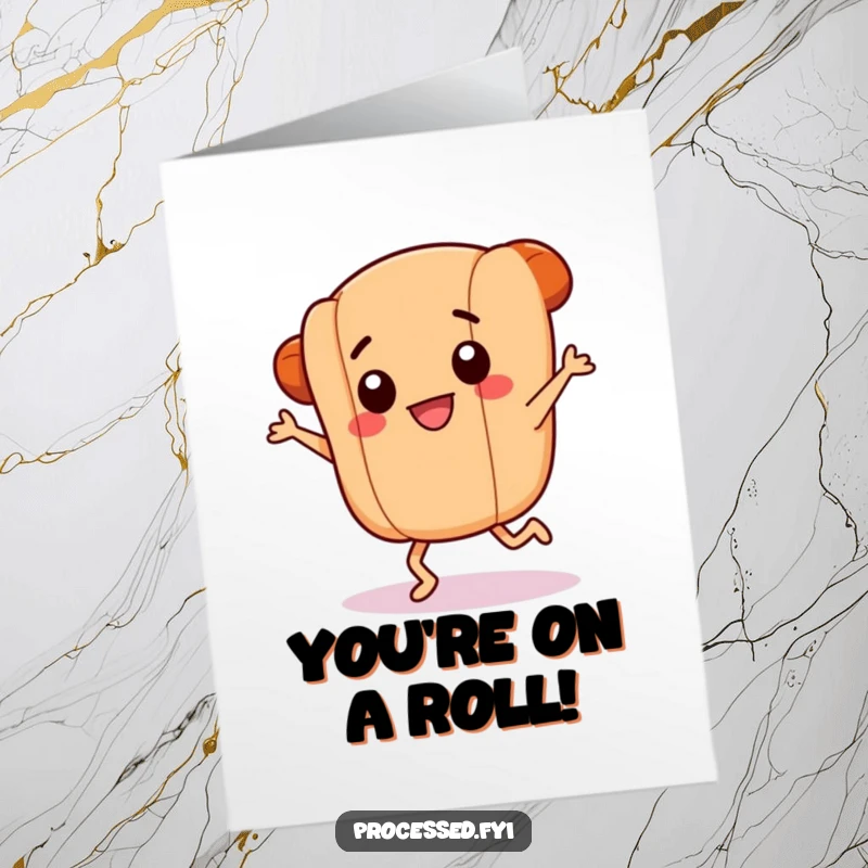 Funny Free Printable Congratulations Card: a smiling hotdog with tiny legs doing an ecstatic dance to celebrate a big win.