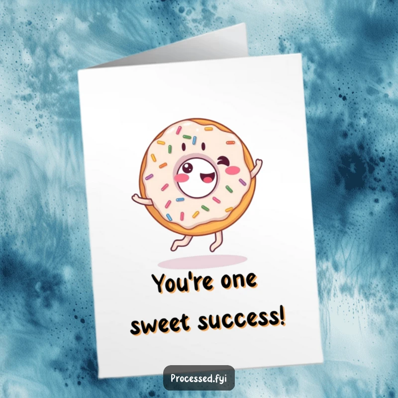 Funny Free Printable Congratulations Card of a giddy donut with sprinkles, doing a cartwheel to celebrate an achievement.