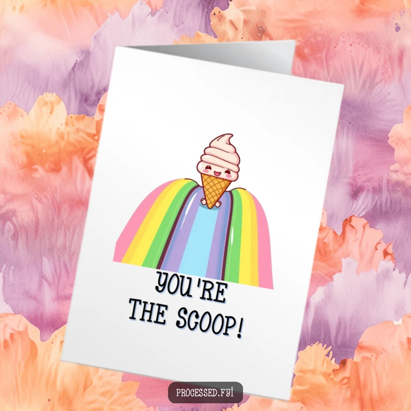 Funny Free Printable Congrats Card: An ice cream cone joyfully sliding down a rainbow, celebrating success.
