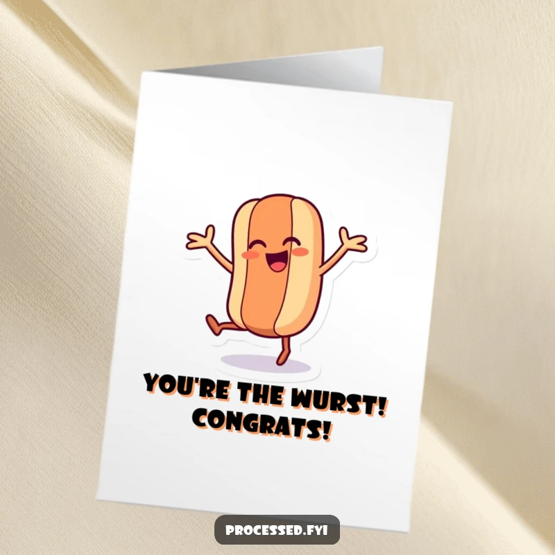 Funny Free Printable Congrats Card: Hot dog character wiggles joyfully with its arms and legs.