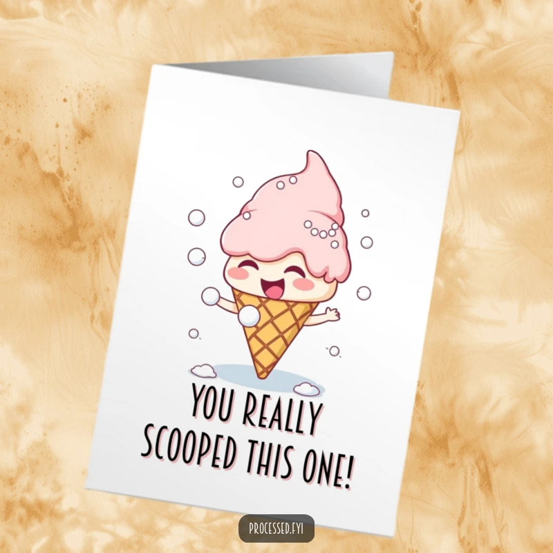 Funny free printable congratulations card showing a giggling ice cream cone in a snowball fight, celebrating a win.