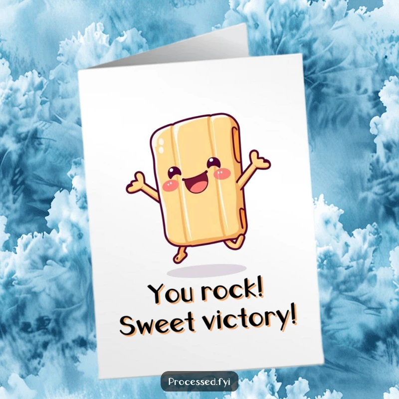 Free Printable Congratulations Card: A happy candy bar, wiggling with excitement inside its wrapper, celebrating a great achievement.