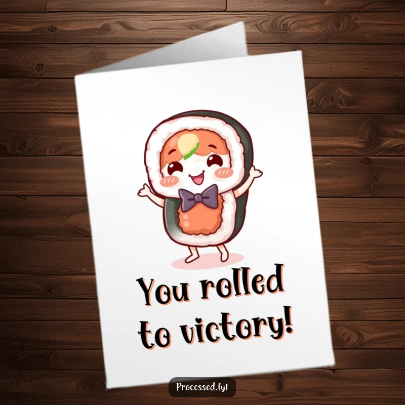 Free Printable Congratulations Card: A happy sushi roll character wearing a bow tie performs a little dance, celebrating a momentous occasion.
