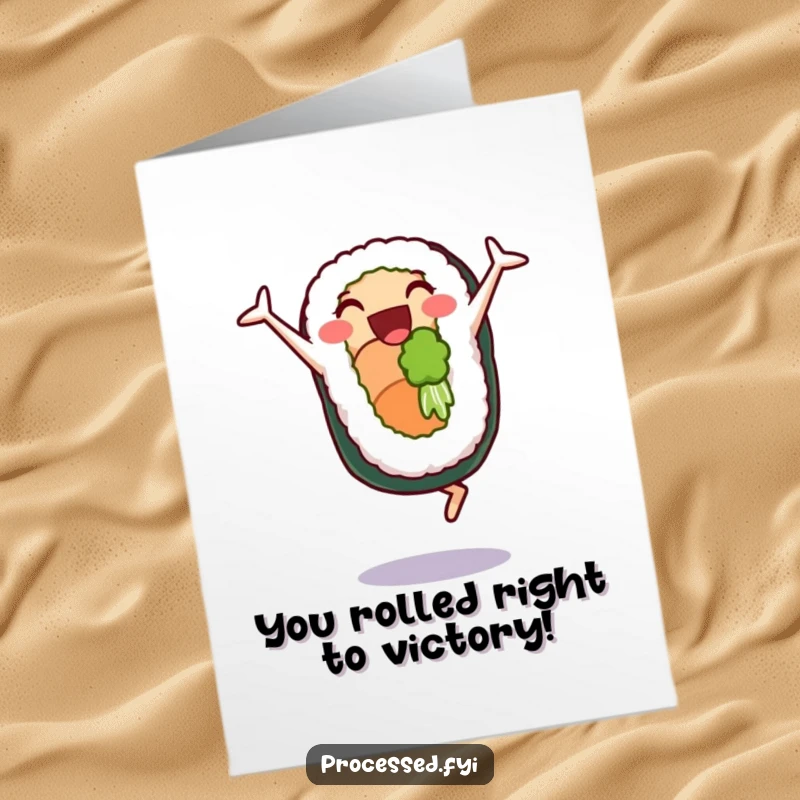 Funny Free Printable Congratulations Card: A delighted sushi roll character performing cartwheels joyfully, celebrating success.