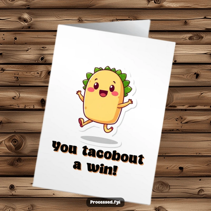 Free Printable Congratulations Card: A smiling anthropomorphic taco with legs joyfully skips, celebrating a wonderful achievement.