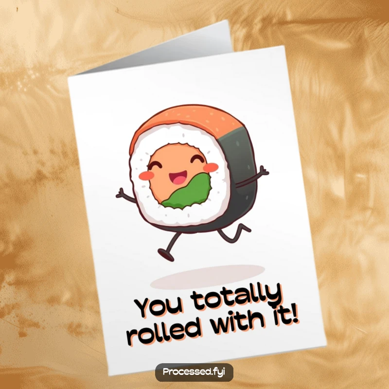 Funny Free Printable Sushi Congratulations Card: A cheerful sushi roll with stick legs mid-leap, symbolizing exciting achievements.
