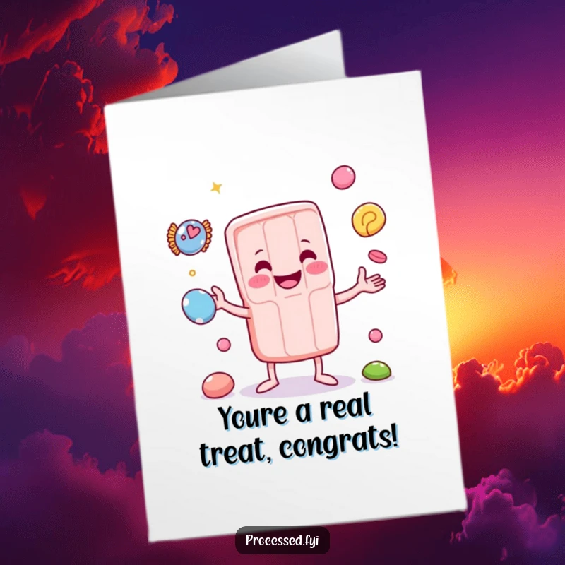 Funny free printable congratulations card with a candy bar masterfully juggling sweets, celebrating a sweet achievement.