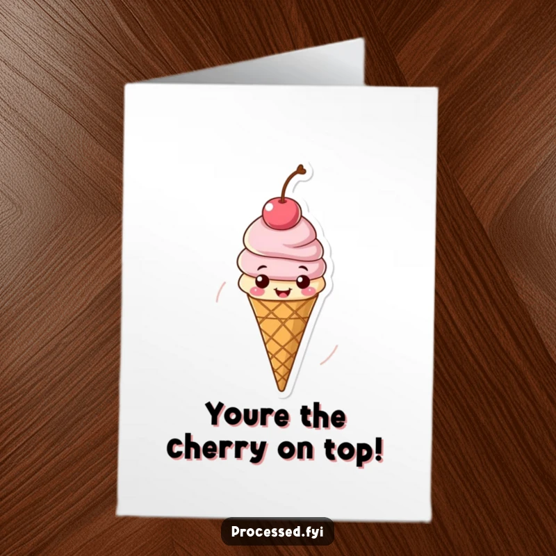 Funny Free Printable Congratulations Card showing a happy ice cream cone topped with a cherry, spinning joyfully.