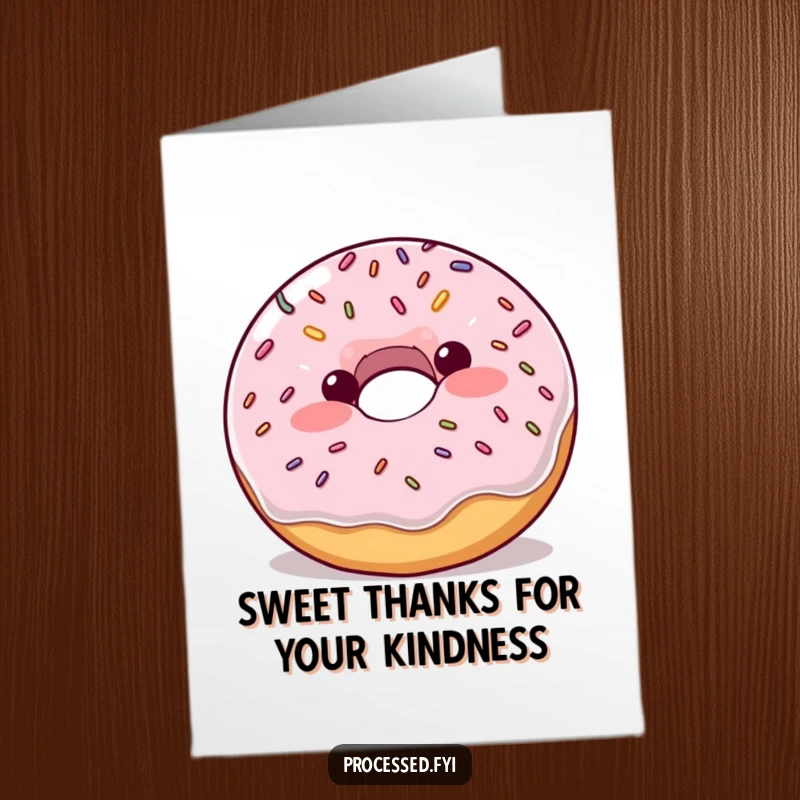 Funny Free Printable Thank You Card: A plump, blushing donut with sprinkles bouncing with enthusiasm, offering thanks.