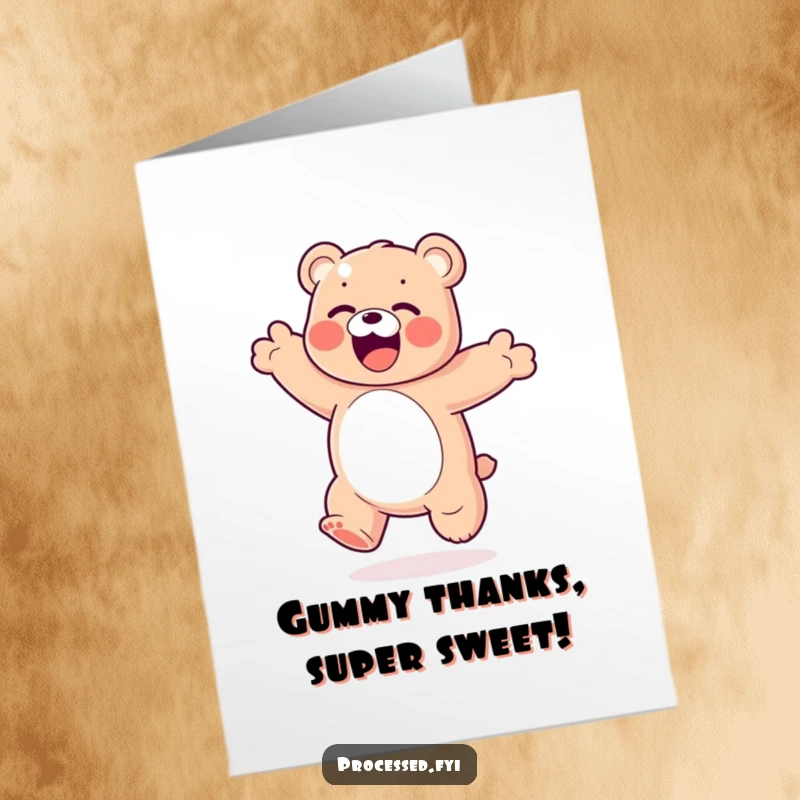 Funny Free Printable Thank You Card: A bouncy gummy bear with exaggerated joy, performing a happy somersault, saying thanks.