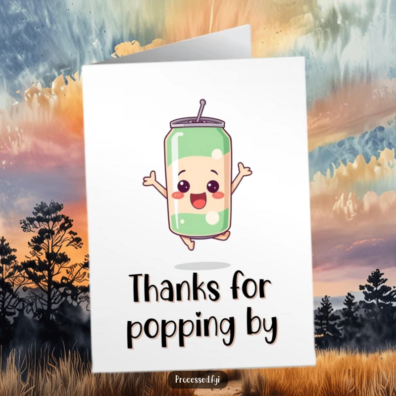 Funny Free Printable Thank You Card: A bubbly soda can leaps with excitement, expressing thanks with effervescent energy.