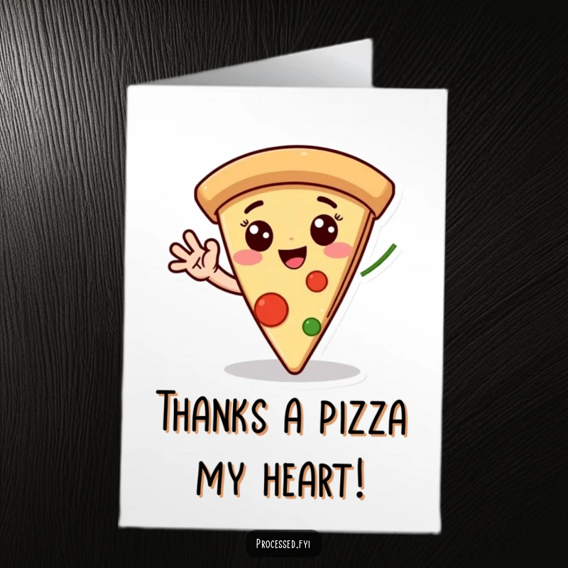 Funny Free Printable Thank You Card depicting a smiling pizza slice with expressive eyes, waving a pepperoni hand in thanks.