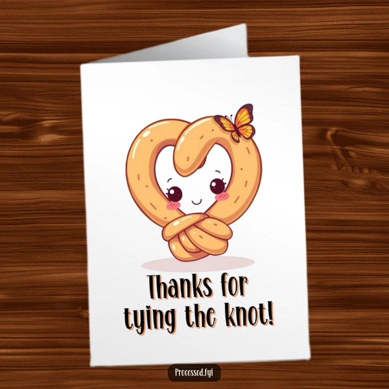 Funny Free Printable Thank You Card: A curious pretzel with a happy knot watches a tiny butterfly, expressing thanks.