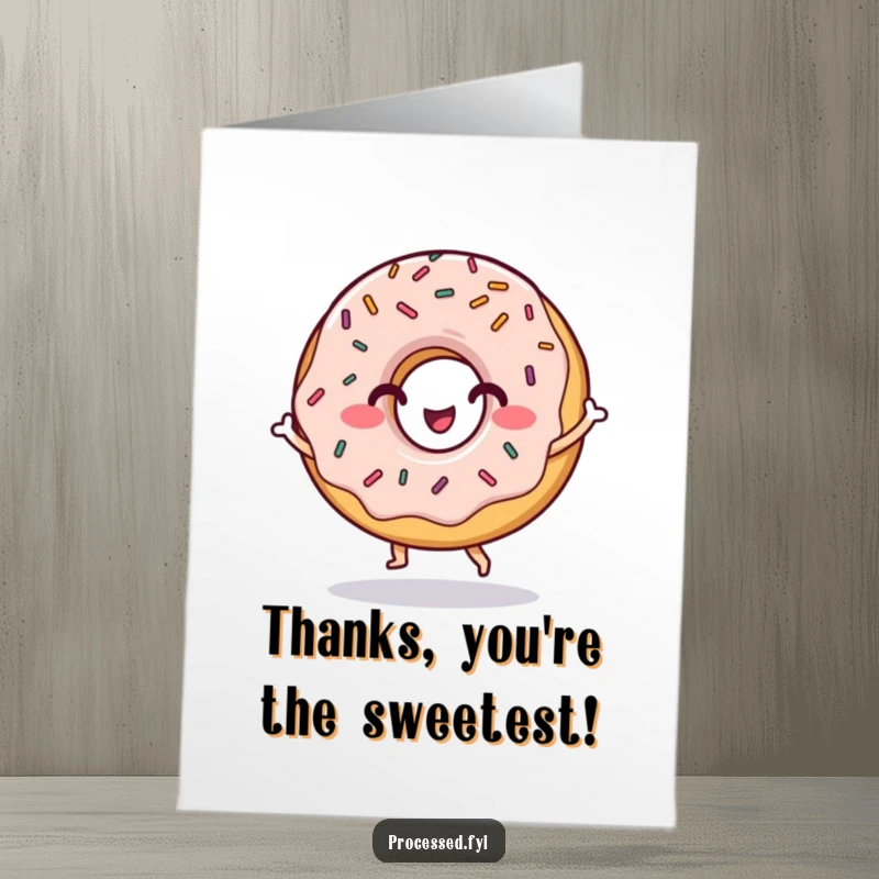 Funny Free Printable Thank You Card: A grinning donut with sprinkles doing a charming little dance, expressing thanks.