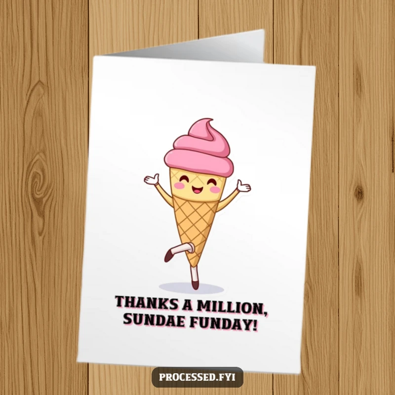 Funny free printable thank you card of a cheerful ice cream cone performing a pirouette, a sweet way to show appreciation.
