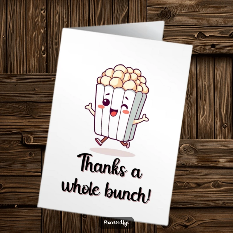 Funny free printable thank you card featuring a beaming popcorn bag doing a little hop, expressing gratitude with energy.