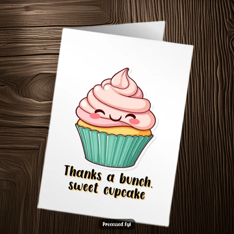 Funny Free Printable Thank You Card of a smiling cupcake with swirled frosting, captured mid-hop with excitement.