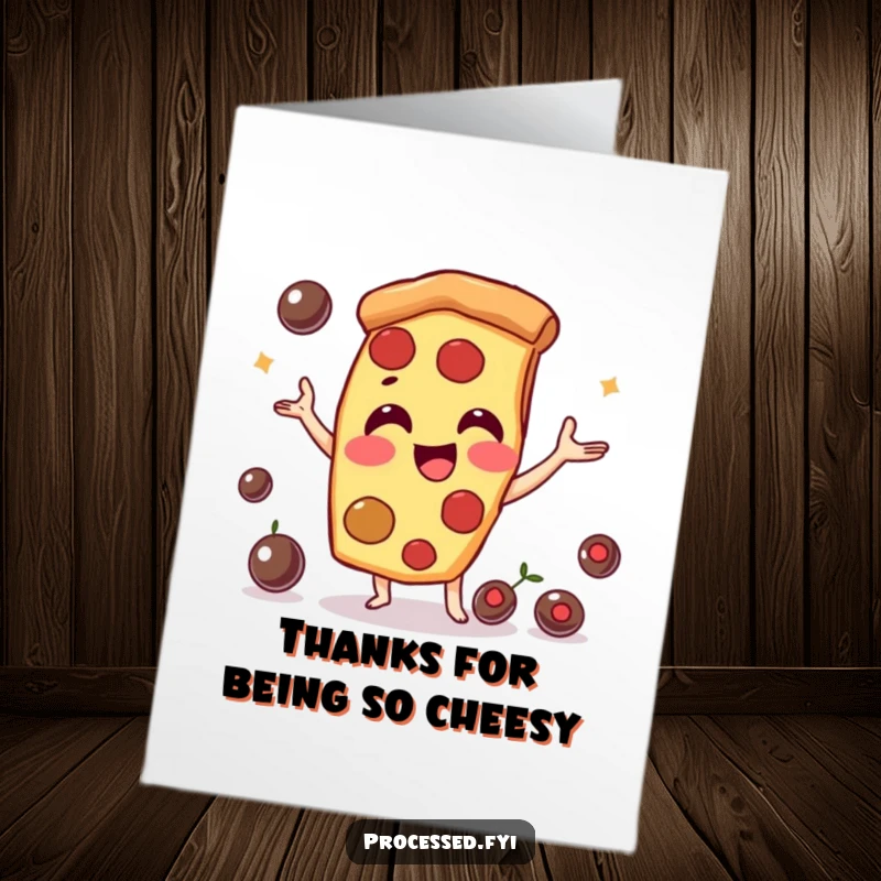 Funny Free Printable Thank You Card: A happy pizza slice character juggling olives, expressing gratitude.