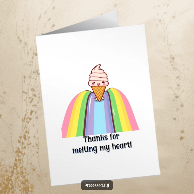 Funny Free Printable Thank You Card: A joyful ice cream cone sliding down a rainbow, a sweet thank you.