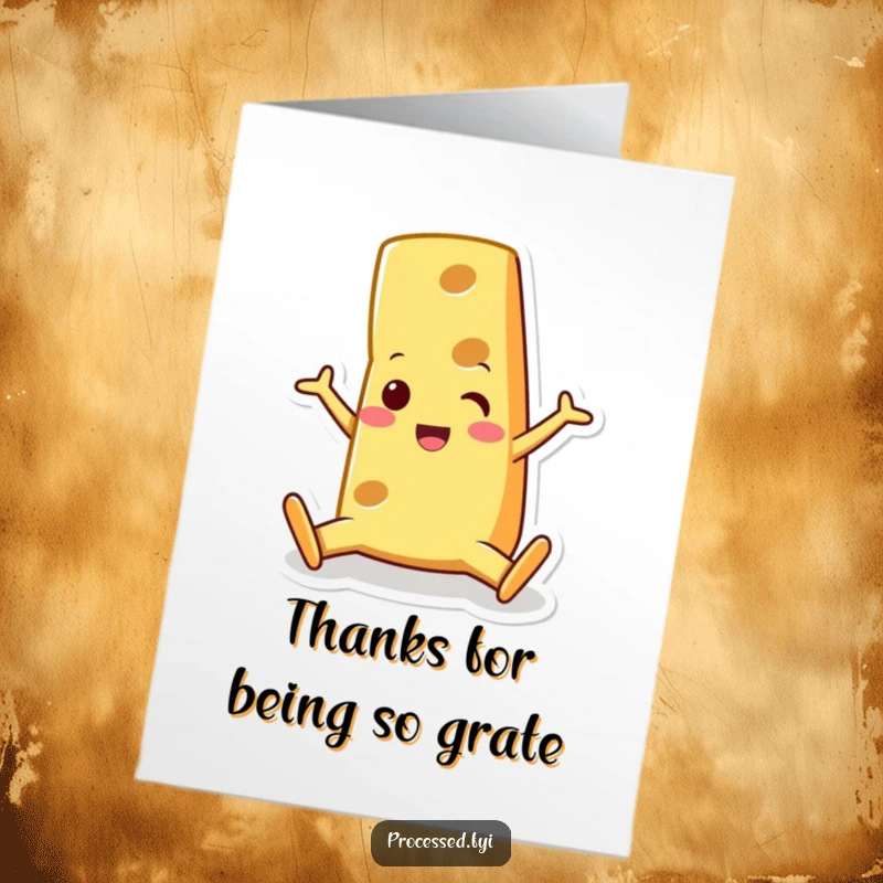 Funny Free Printable Thank You Card: A happy cheese wedge character doing a split with a surprised grin, expressing thanks.