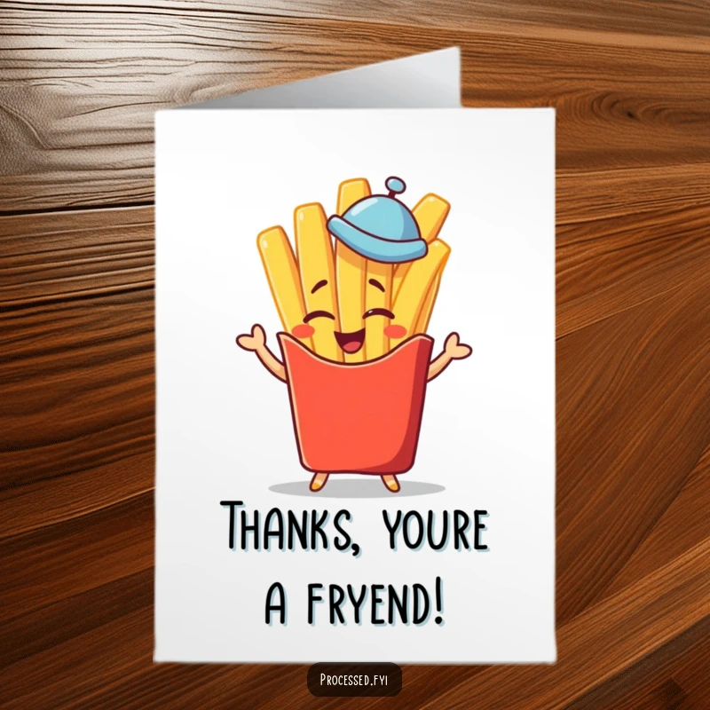 Funny free printable thank you card: a french fry character winks and salutes smartly in a small hat.