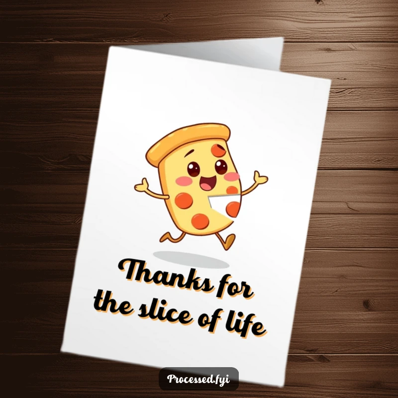 Funny Free Printable Thank You Card: Hopping pizza slice character with a missing piece, expressing thanks excitedly!