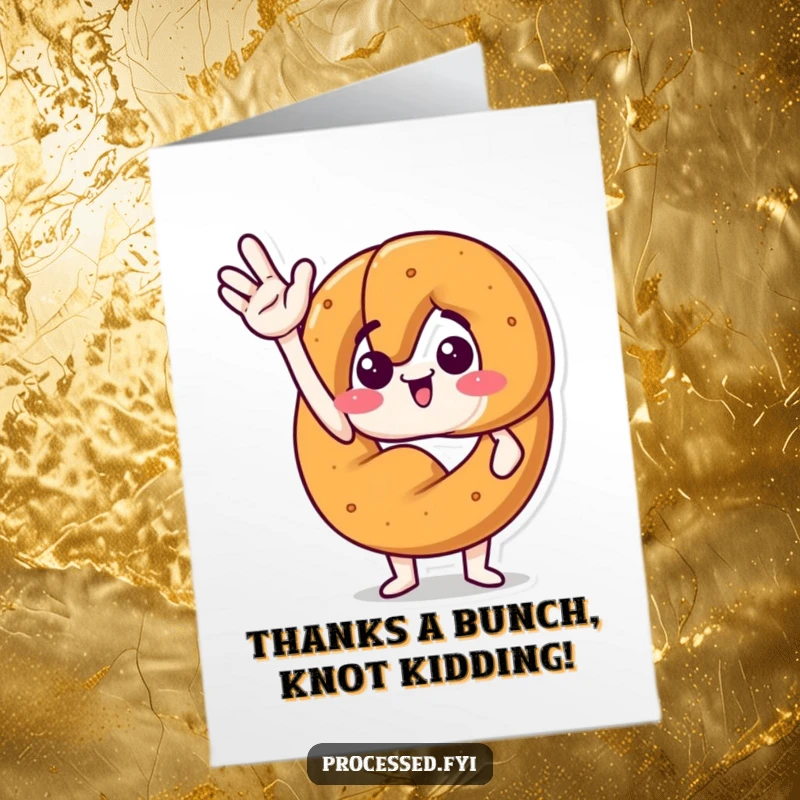 Funny free printable thank you card of an excited pretzel waving hello with a jaunty gesture, perfect for thanking someone.
